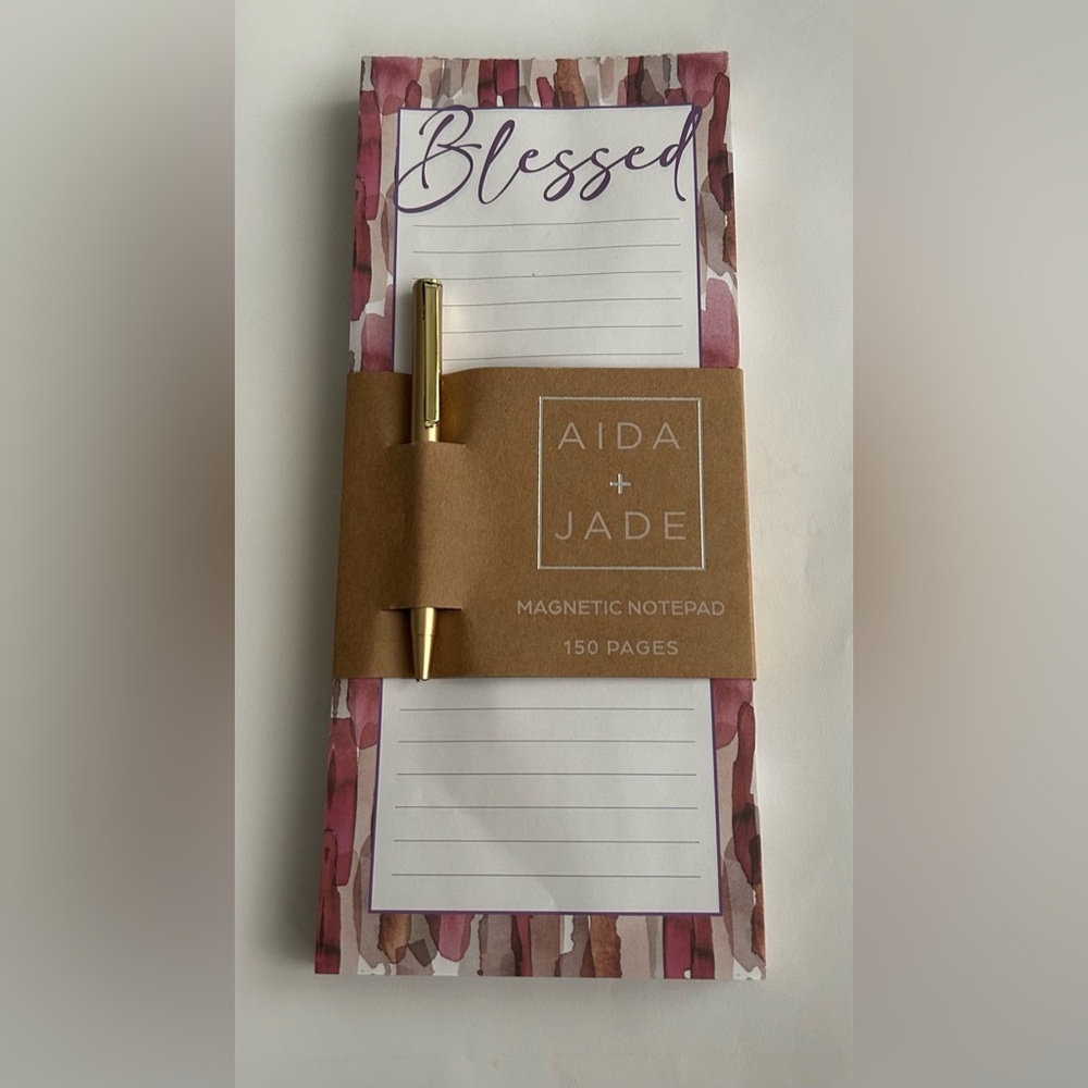 New Magnetic Lined Notepad "Blessed" Artistic Border Gold Colored Pen